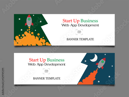 Rocket banner small shadow on grey color background startup and technology concept for media  website  poster banner template  copy space for text or design