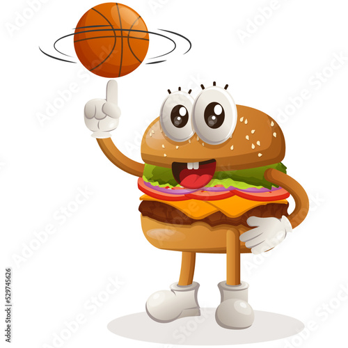 Cute burger mascot design playing basketball, freestyle with ball. Burger cartoon mascot character design. Delicious food with cheese, vegetables and meat. Cute mascot vector illustration