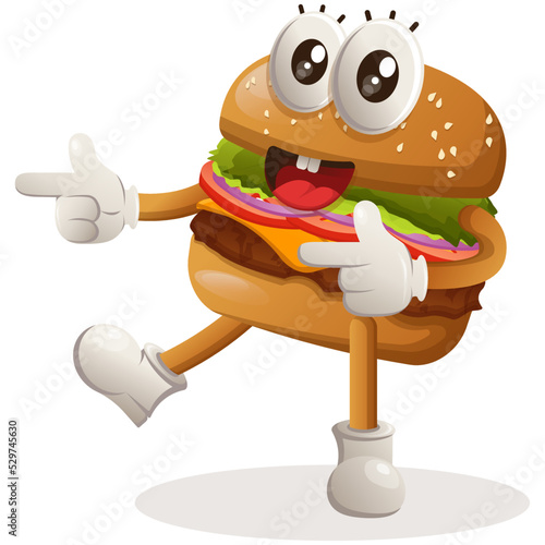 Cute burger mascot design playful with pointed hand. Burger cartoon mascot character design. Delicious food with cheese, vegetables and meat. Cute mascot vector illustration