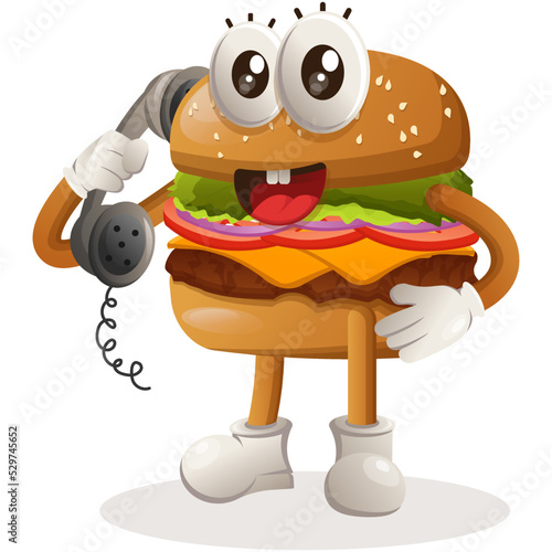 Cute burger mascot design pick up the phone, answering phone calls. Burger cartoon mascot character design. Delicious food with cheese, vegetables and meat. Cute mascot vector illustration