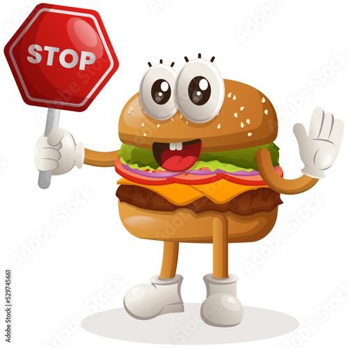 Cute burger mascot design holding stop sign, street sign, road sign. Burger cartoon mascot character design. Delicious food with cheese, vegetables and meat. Cute mascot vector illustration