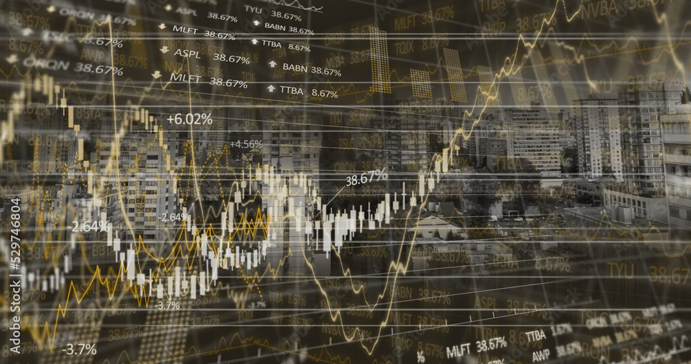 Image of financial data processing over cityscape Image of financial data processing over cityscape