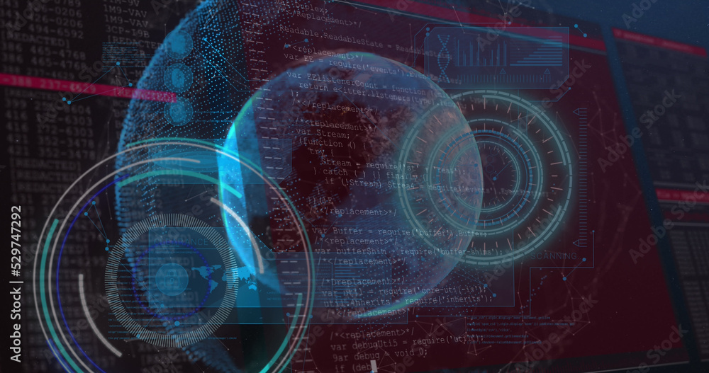 Image of data processing on screens over glowing planet earth Image of data processing on screens over glowing planet earth