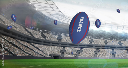 Image of blue rugby balls with france text at stadium