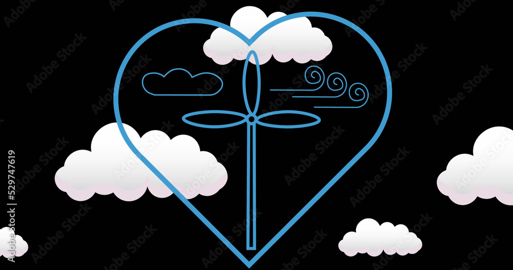 Image of wind turbine in heart over clouds on black background Image of wind turbine in heart over clouds on black background