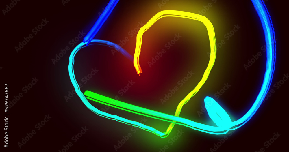 Image of blue, green, orange and red light trails and heart shape on black background Image of blue, green, orange and red light trails and heart shape on black background