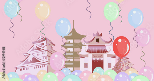 Image of balloons and asian cityscape on pink background