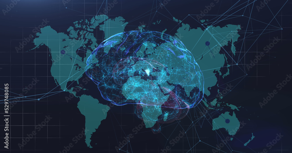 Human brain spinning against network of connection over world map on blue background Human brain spinning against network of connection over world map on blue background
