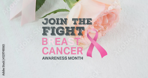 Image of join the fight and pink ribbon over white background with rose