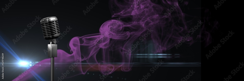 Microphone, spot of light and purple digital wave with copy space on black background Microphone, spot of light and purple digital wave with copy space on black background