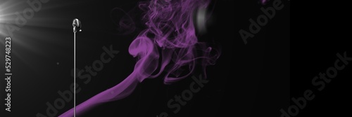 Microphone, spot of light and purple digital wave with copy space on black background