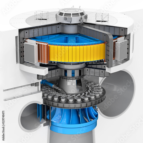 Turbine hydroelectric power plant with a generator in section. 3d illustration