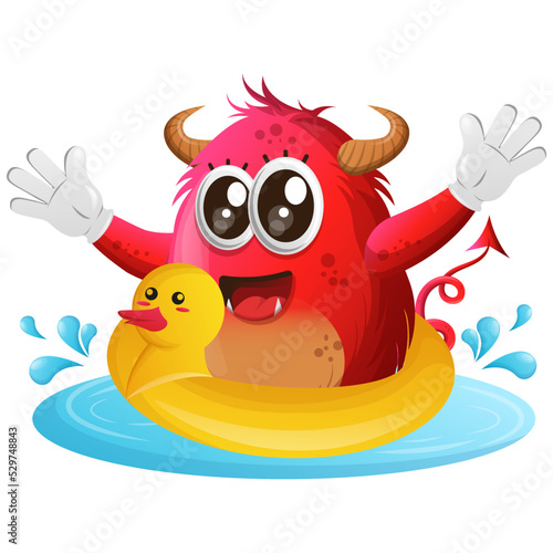 Vector_Cute red monster swimming with wearing rubber duck tube