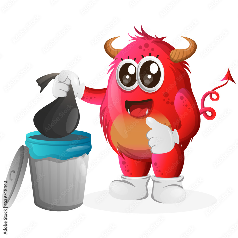 Vector_Cute red monster placing reusable waste into garbage can Vector_Cute red monster placing reusable waste into garbage can