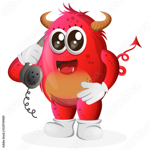 Vector_Cute red monster pick up the phone, answering phone calls