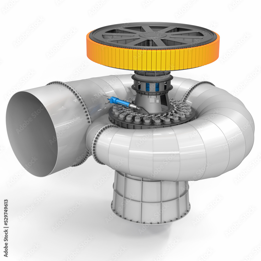 Hydro turbine on white background With spiral case and generator rotor