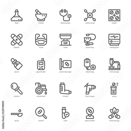 Medical and Pharmacy icon pack for your website, mobile, presentation, and logo design. Medical and Pharmacy icon outline design. Vector graphics illustration and editable stroke.
