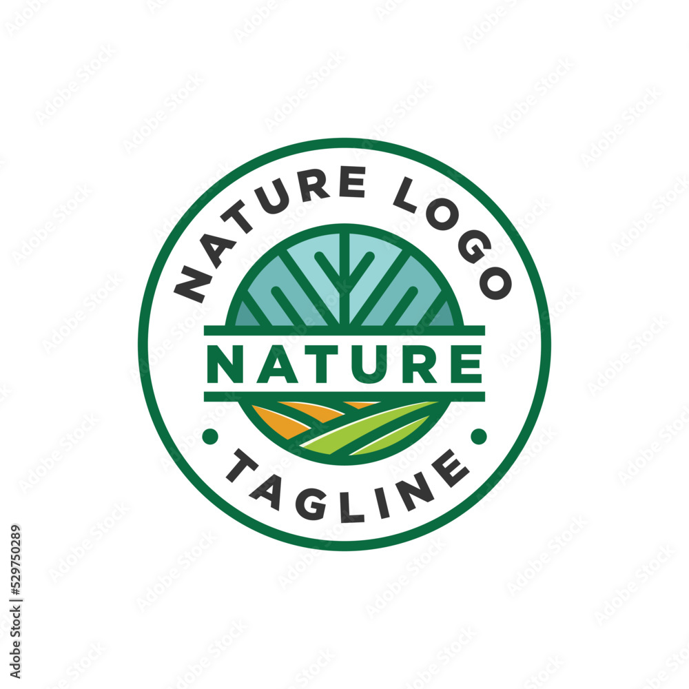 Agriculture farm logo emblem, Nature green logo modern simple circular line art style vector design illustration isolated