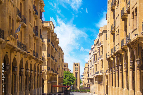 A view of the clock tower in Nejmeh Square in Beirut  Lebanon  some local architecture of downtown Beirut  Lebanon