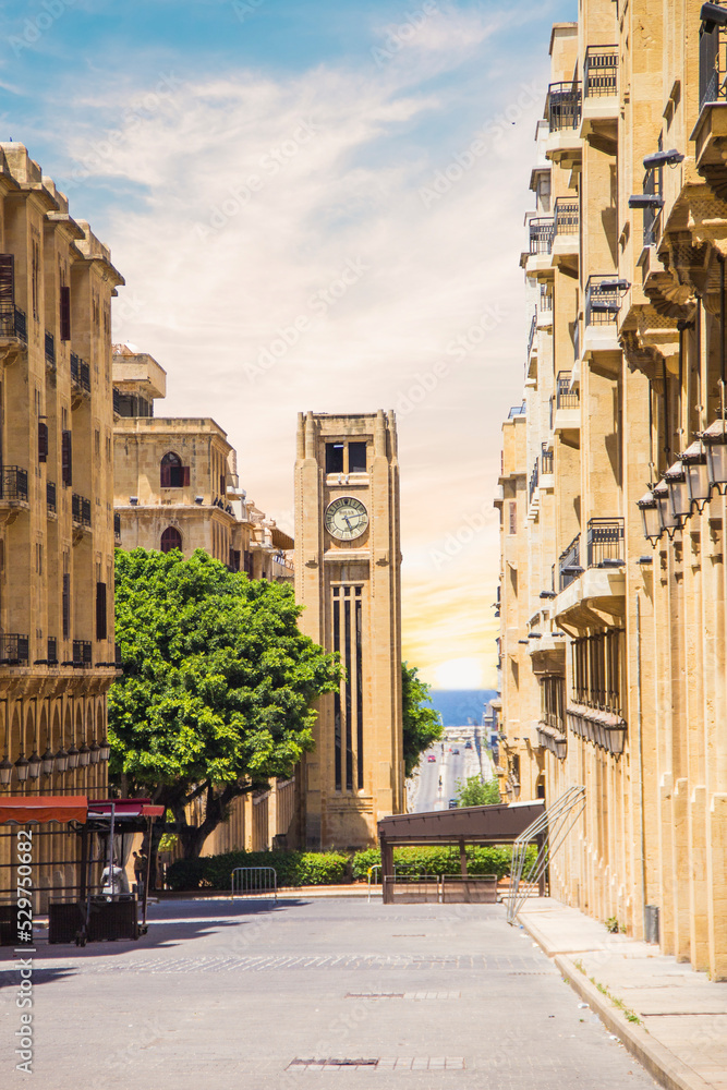 Fototapeta premium A view of the clock tower in Nejmeh Square in Beirut, Lebanon, some local architecture of downtown Beirut, Lebanon
