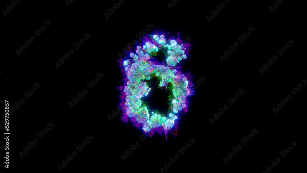 abstract distortion alphabet - blue number 6 on black background, isolated - object 3D rendering