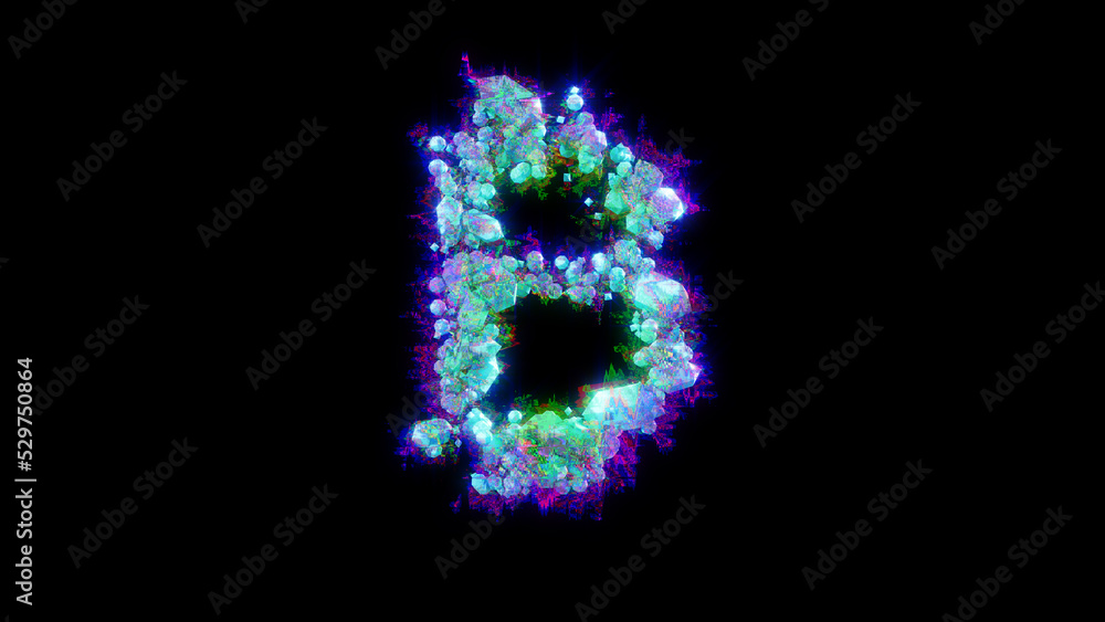 abstract distortion font - blue bitcoin sign on black bg, isolated - object 3D illustration