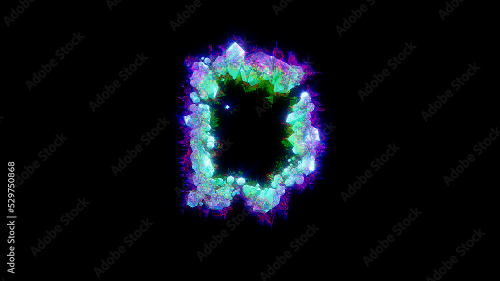 abstract distortion alphabet - blue letter D on black bg, isolated - object 3D illustration