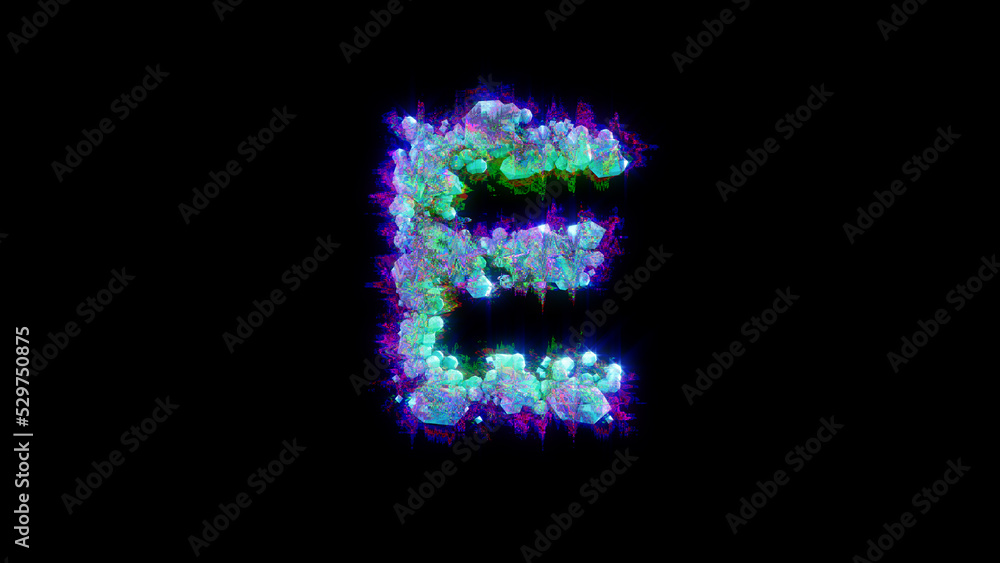 abstract distorted font - blue letter E on black bg, isolated - object 3D illustration