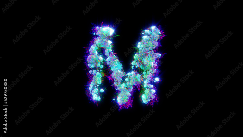 abstract glitch font - blue letter M on black bg, isolated - object 3D illustration