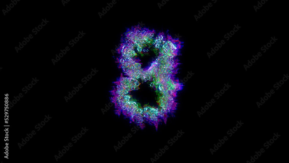 abstract dichroic font - blue number 8 on black backdrop, isolated - object 3D rendering abstract dichroic font - blue number 8 on black backdrop, isolated - object 3D rendering