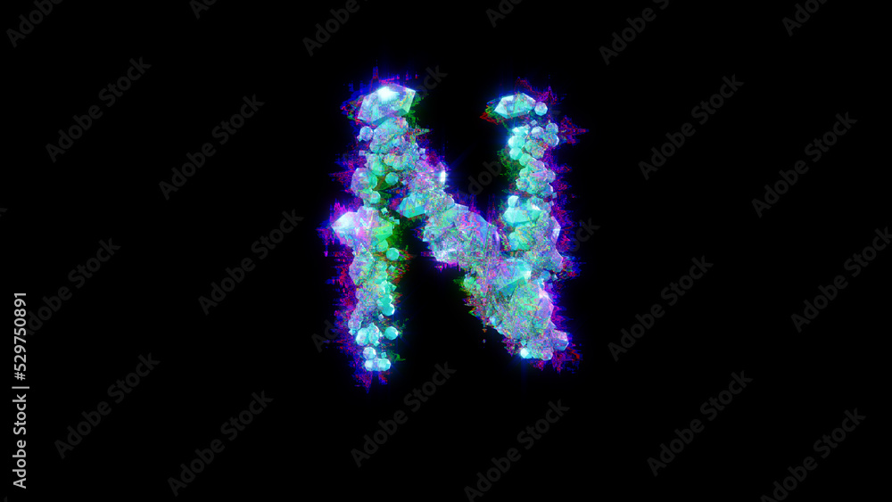 abstract glitch font - blue letter N on black background, isolated - object 3D illustration