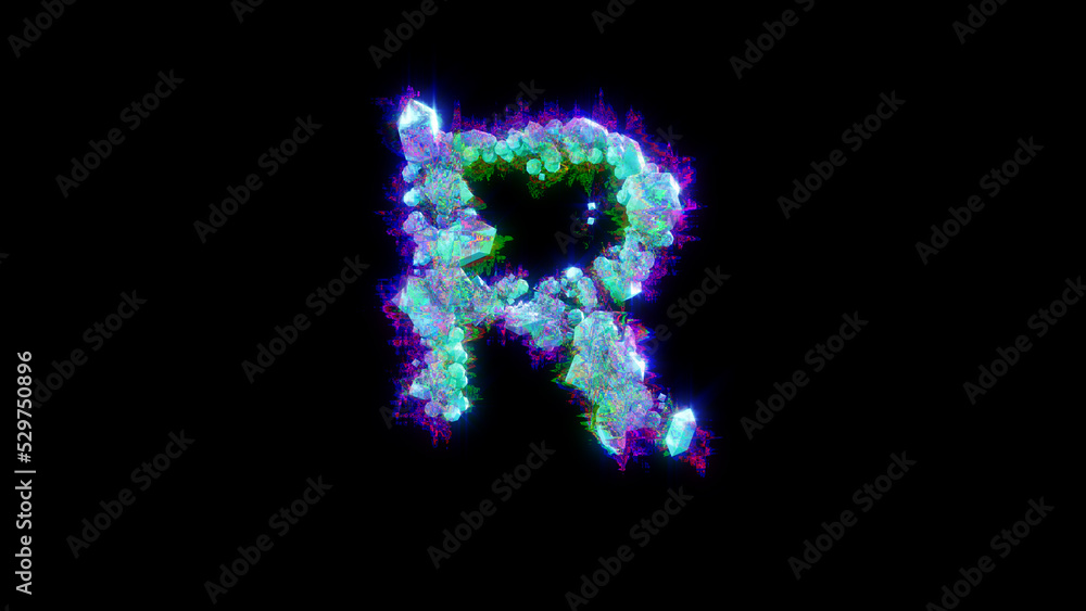 abstract dichroic font - blue letter R on black background, isolated - object 3D illustration