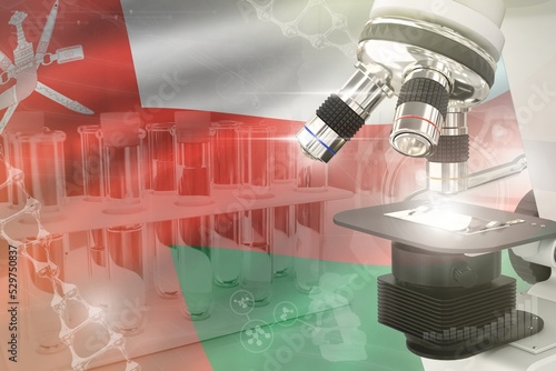 Fotografie Microscope on Oman flag - science development digital background