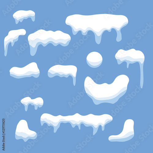 Flat snow cap collection and melting snow. Vector set winter season.