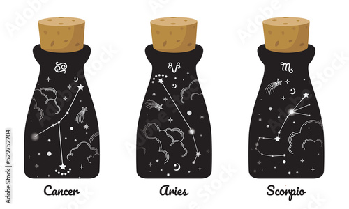 Cancer Aries and Scorpio gradient zodiac symbols in black bottles surround clouds, stars, esoteric, and boho styles. Fit for paranormal, tarot readers, and astrologers