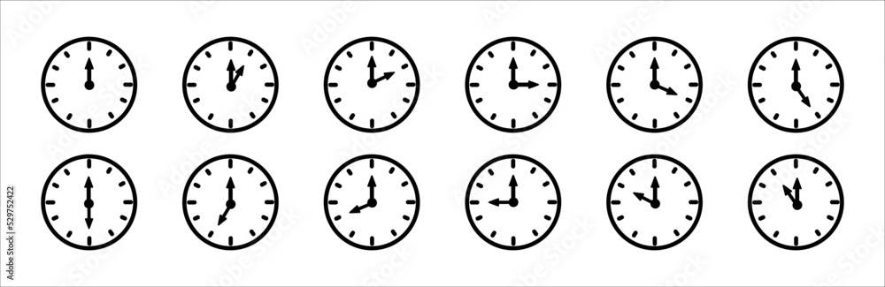 Time and clock icon set. Complete 12 hours pointed clockwise o'clock sharp vector illustration. Set of analog. Time and clock icon set. Complete 12 hours pointed clockwise o'clock sharp vector illustration. Set of analog.
