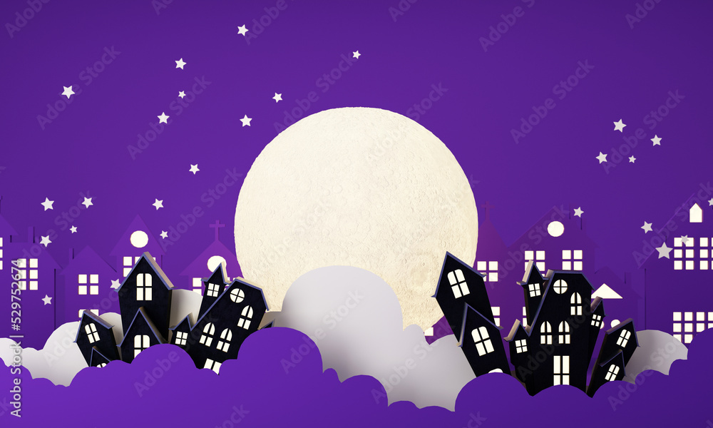 Happy Halloween party posters set with night clouds and pumpkins in cartoon illustration. Full moon and boo ghost with haunted house Place for text. Brochure background. 3d render cartoon character