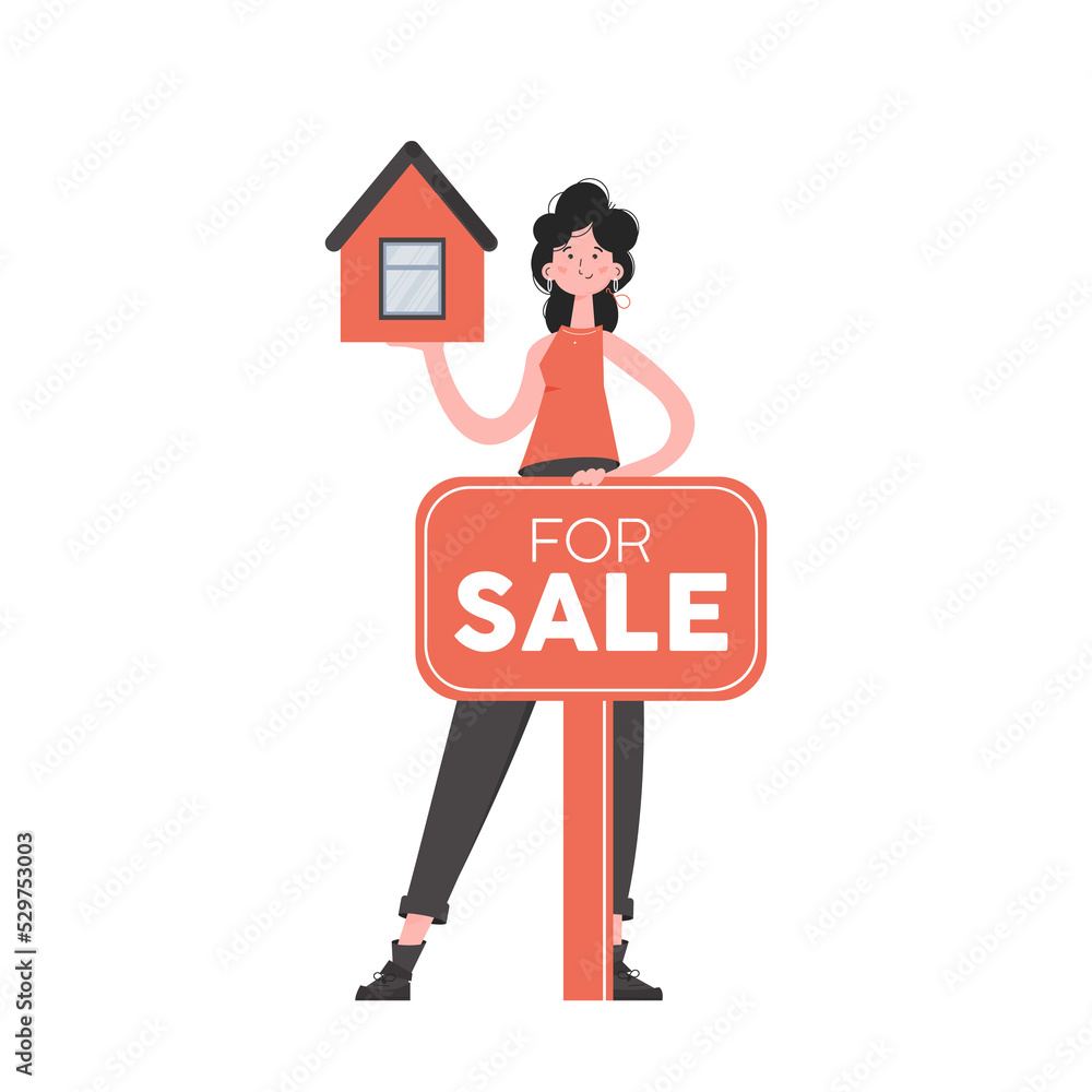 A woman stands in full growth with a house mockup and a sale sign. Flat style. Element for presentations, sites. A woman stands in full growth with a house mockup and a sale sign. Flat style. Element for presentations, sites.