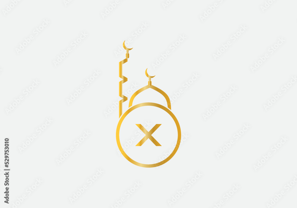 Islamic religious mosque and minar logo and symbol design vector with the letter X Islamic religious mosque and minar logo and symbol design vector with the letter X
