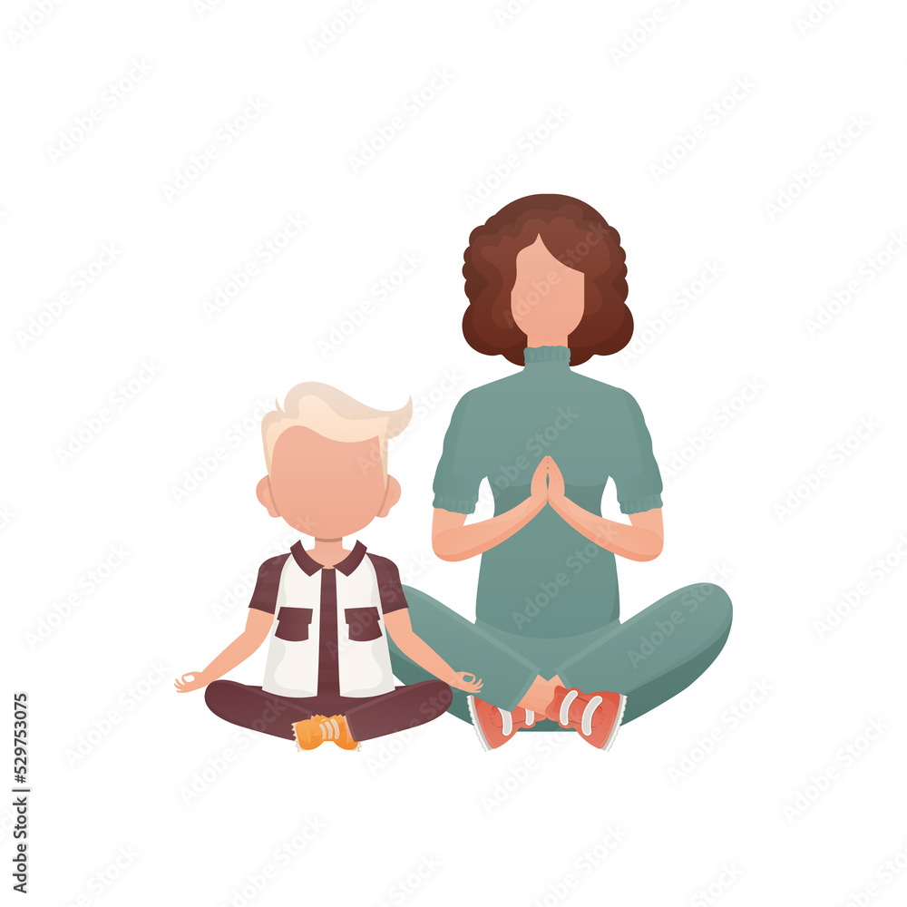Mom and little son are sitting meditating.   Cartoon style.