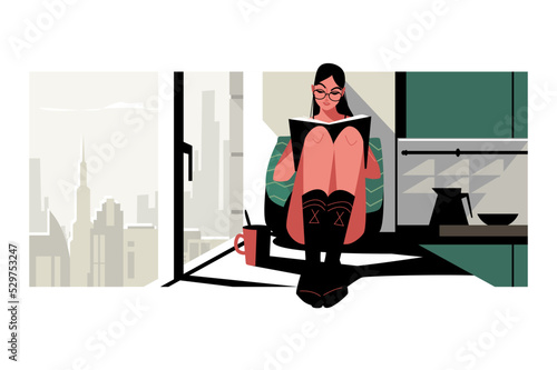 Passionate woman reading book on windowsill