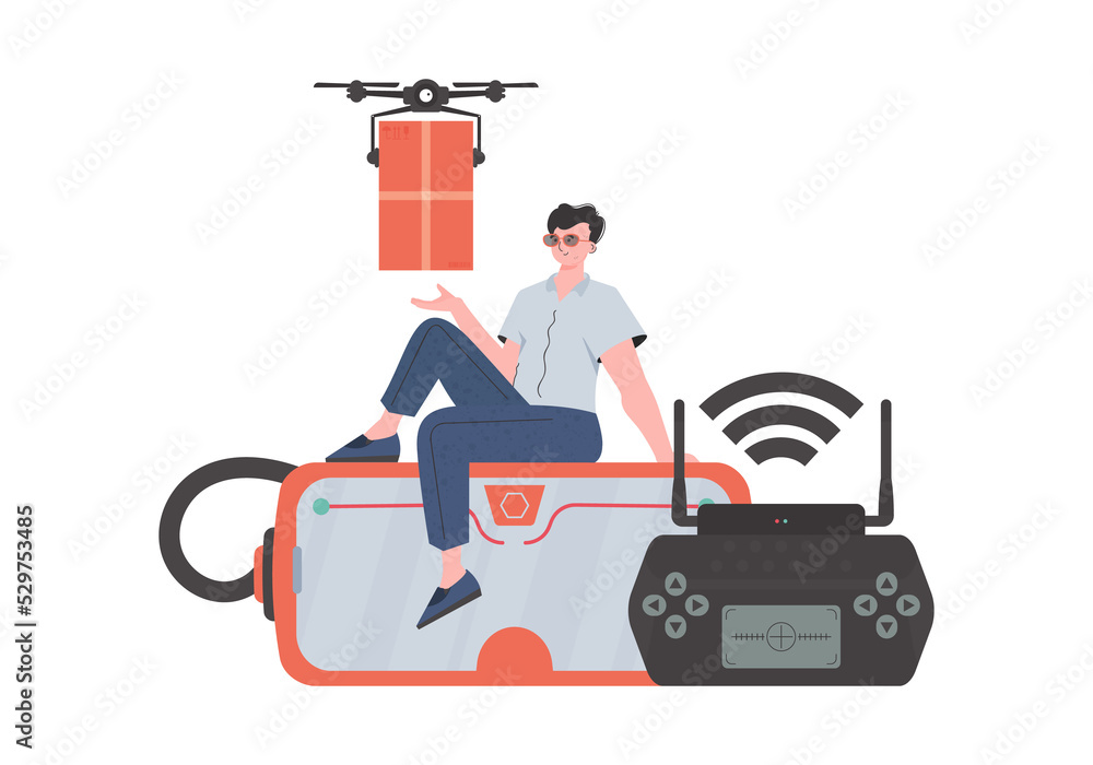 The concept of cargo delivery by air. A man controls a quadcopter with a package.   trendy style.