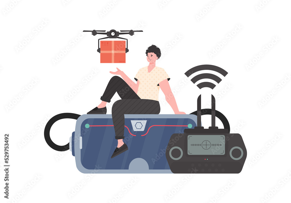 Fototapeta premium The concept of cargo delivery by air. A man controls a quadcopter with a package. .
