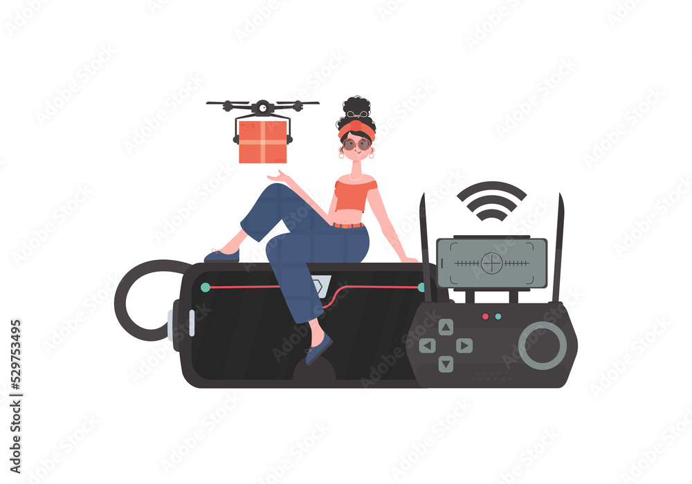 The concept of cargo delivery by air. A woman controls a quadcopter with a parcel. . The concept of cargo delivery by air. A woman controls a quadcopter with a parcel. .
