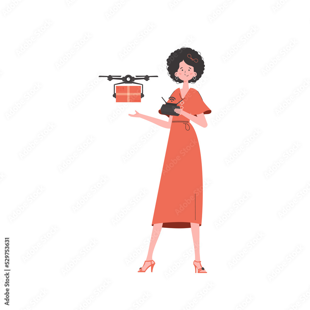The concept of cargo delivery by air. A woman controls a drone with a parcel. trendy style. The concept of cargo delivery by air. A woman controls a drone with a parcel. trendy style.