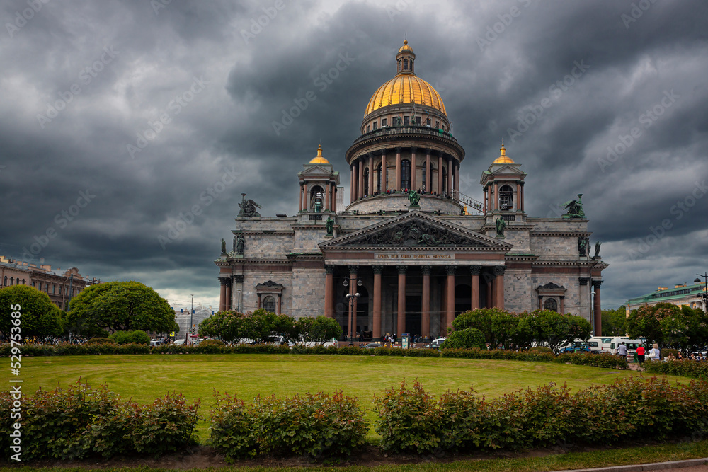 St. Isaac's Cathedral against the backdrop of a stormy sky. St. Petersburg. Russia.