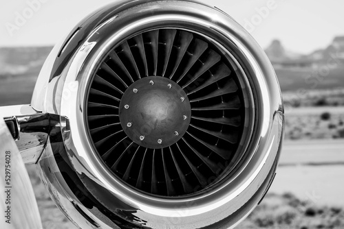 Close up of an airplane turbine engine on a private jet