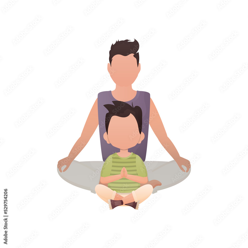 Dad with a little son sit meditate in the lotus position. Cartoon style. Dad with a little son sit meditate in the lotus position. Cartoon style.