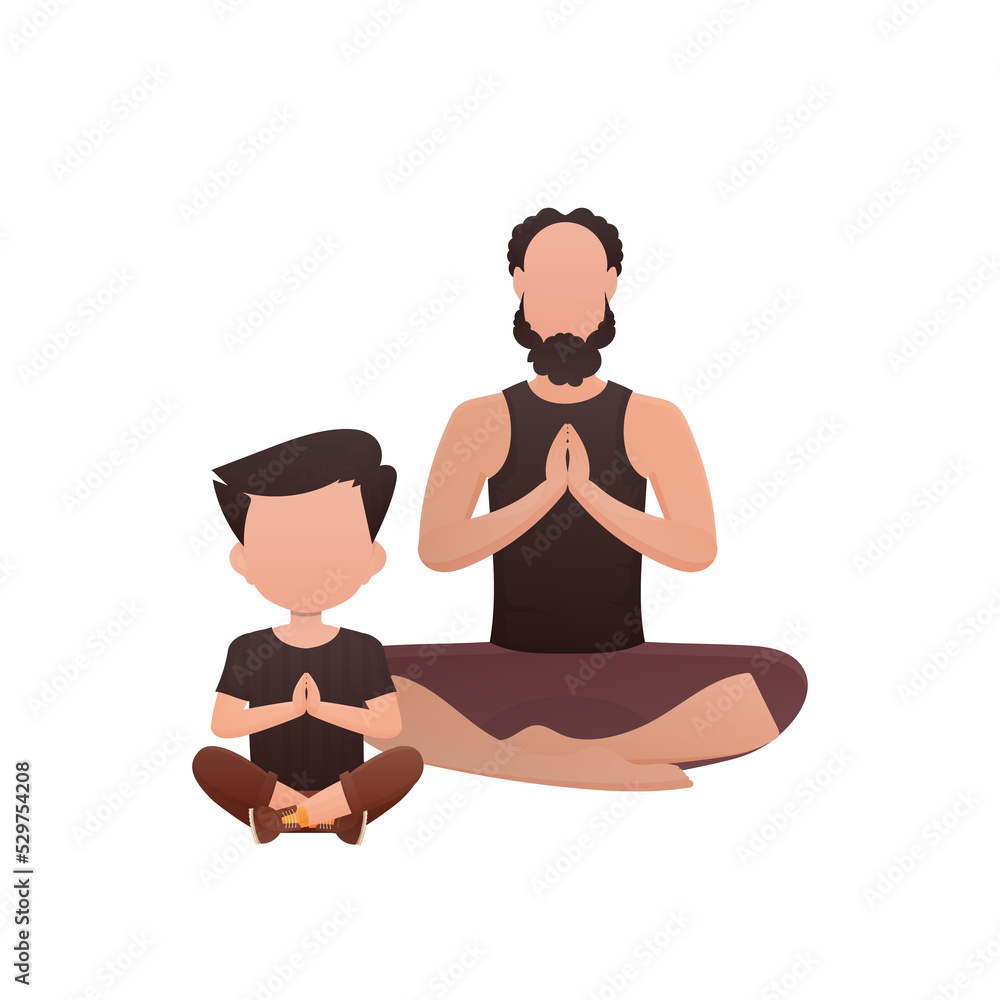 Dad with little son sit meditate. Cartoon style. Dad with little son sit meditate. Cartoon style.
