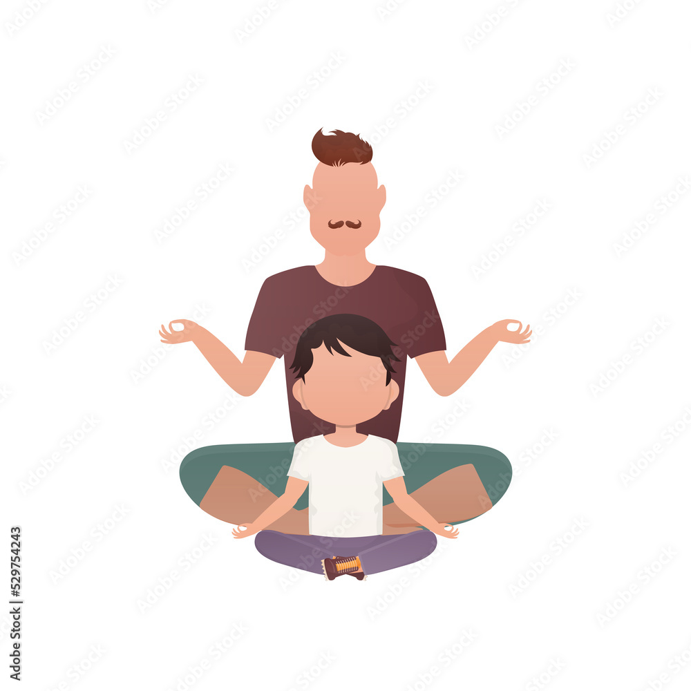 Father and son sit in the lotus position. Cartoon style. Father and son sit in the lotus position. Cartoon style.